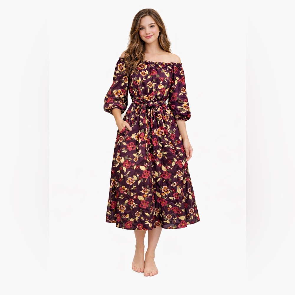 Lane Bryant Plum Floral Smocked Off-Shoulder Dress